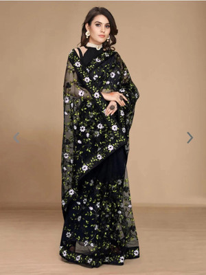Verviza Embroidered, Self Design Bollywood Net Saree(Black)
