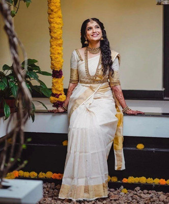 HouseOfCommon Striped Banarasi Pure Silk Saree(White)