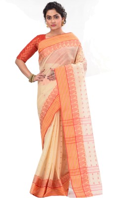 PuJoy Striped Tant Pure Cotton Saree(Orange)