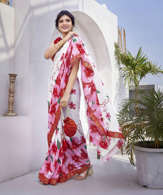 YASHIKA Printed Daily Wear Georgette, Lace Saree(Red, White)