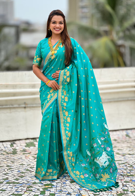 ROOP LAVANYA Woven Paithani Jacquard, Pure Silk Saree(Light Blue, Green)