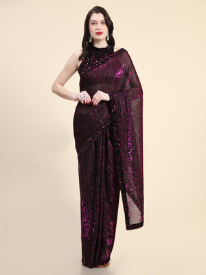 PRISHA SAREES Embellished Bollywood Lycra Blend Saree(Purple)
