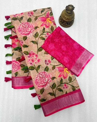 Myraani Floral Print Bollywood Cotton Linen, Cotton Silk Saree(Red)