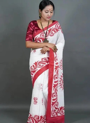 Happy Creation Printed Tant Handloom Cotton Blend Saree(White)