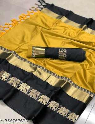 S S CREATION Woven Kanjivaram Pure Silk Saree(Yellow)