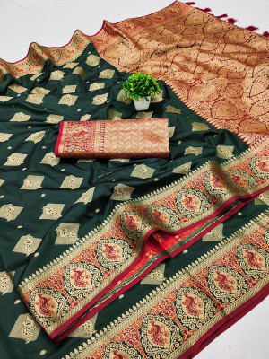 DURGA TEXTILE Printed Kanjivaram Jacquard, Silk Blend Saree(Green)