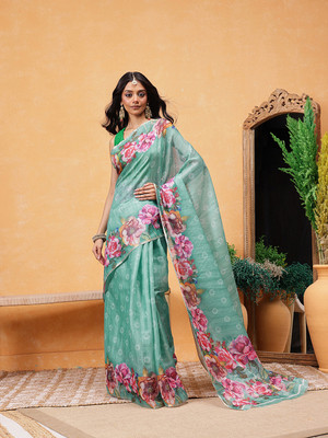 SILK ZONE Digital Print Pre Draped Saree Cotton Blend Saree(Light Green)