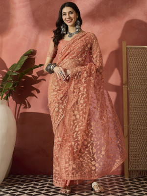 manvaa Embellished Daily Wear Net Saree(Pink)