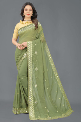 NFL NQUEEN Embellished Bollywood Georgette Saree(Light Green)