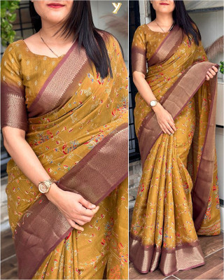 Dhanlaxmi CreationLLP Woven, Striped, Animal Print Kalamkari Cotton Silk Saree(Mustard)