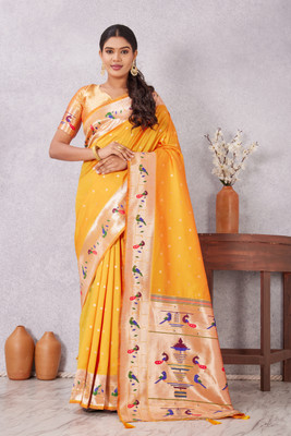 Heirlooms Woven Paithani Pure Silk Saree(Yellow)
