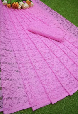 HouseOfCommon Solid/Plain Daily Wear Net Saree(Pink)