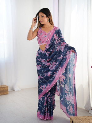 Divastri Floral Print Bollywood Silk Blend Saree(Dark Blue)