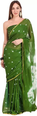 Sudarshana Geometric Print Bandhani Chiffon Saree(Green)