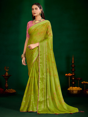 Tasrika Embellished Leheria Chiffon Saree(Light Green)