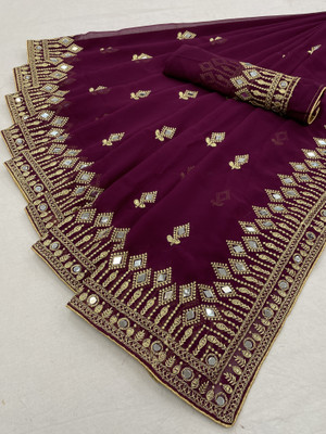 Disha Fashion Embellished Banarasi Georgette, Silk Blend Saree(Purple)