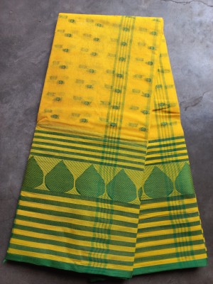 J KunduHouse Self Design Tant Pure Cotton Saree(Yellow, Green)