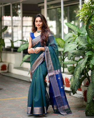 AAYNA FASHION Solid/Plain Saree with Attached Blouse Art Silk Saree(Dark Blue)