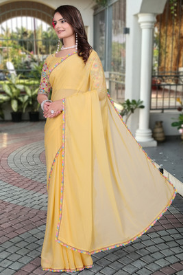 Zenophily Solid/Plain Bollywood Silk Blend Saree(Yellow)