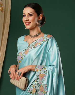 Satrani Embroidered, Dyed Bollywood Satin Saree(Light Blue, Multicolor)