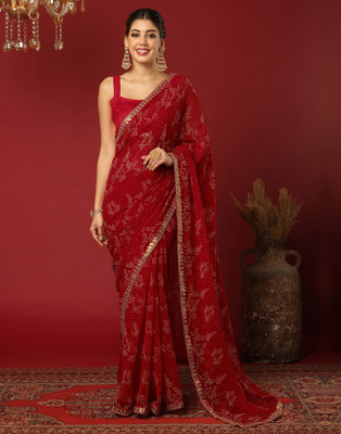 Samah Printed, Embellished Bandhani Georgette Saree(Red)