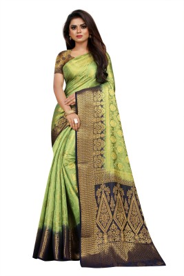 iZibra Self Design, Woven Banarasi Pure Silk, Art Silk Saree(Dark Blue, Light Green)