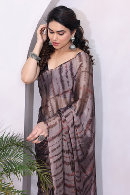 MIRCHI FASHION Printed, Striped Leheria Chiffon, Georgette Saree(Pink, Brown)