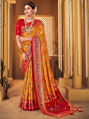 Ratnavati Self Design Patola Silk Blend Saree(Mustard)