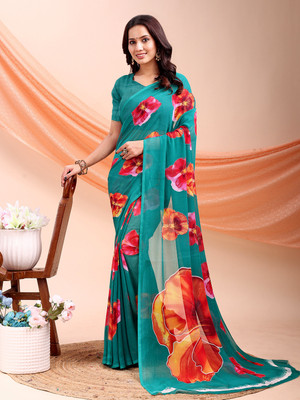 Anmi Printed Daily Wear Chiffon Saree(Light Blue)
