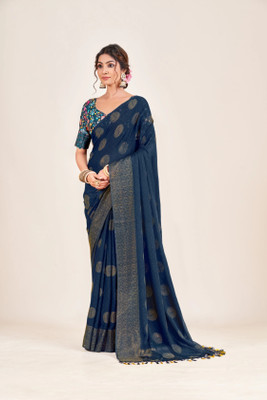 HouseOfCommon Solid/Plain Chanderi Chiffon Saree(Blue)