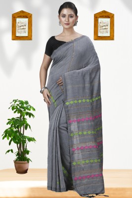 GitAsit Striped Handloom Pure Cotton Saree(Grey)