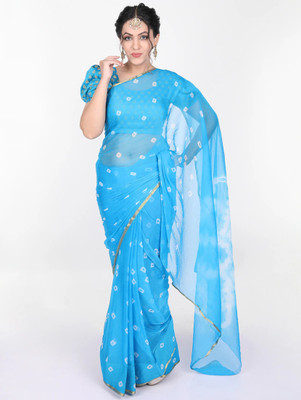 Xclusive Designer Printed Bandhani Chiffon Saree(Light Blue)