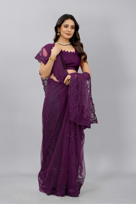 Barkiya Creation Embroidered Bollywood Net Saree(Purple)