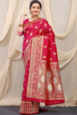 HouseOfCommon Printed, Self Design Banarasi Pure Silk Saree(Magenta)
