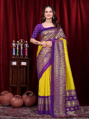 Kanooda Prints Floral Print Mysore Silk Blend Saree(Yellow)
