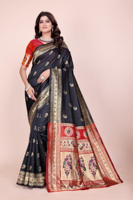 signagraph Woven Paithani Pure Silk Saree(Black)