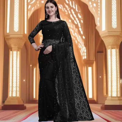 Nilkanthvarni Creation Self Design Bollywood Net Saree(Black)