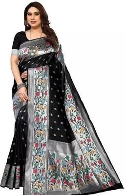 khanjan hub Woven Banarasi Jacquard Saree(Black)