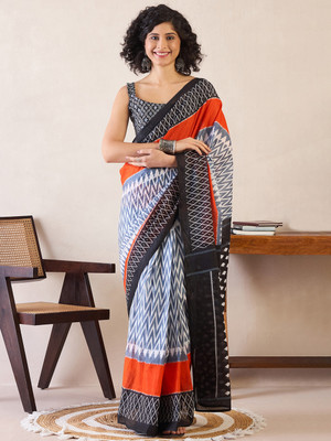 Divastri Printed Ikkat Cotton Blend Saree(Grey)