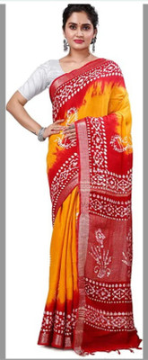 Shree Ethnic Printed Hand Batik Handloom Cotton Linen Saree(Multicolor)