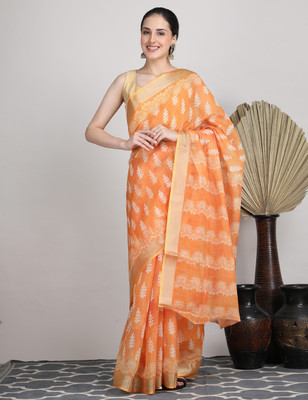 Tantvi Printed, Floral Print, Animal Print Handloom Cotton Linen Saree(Multicolor)
