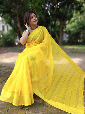 Shree Ethnic Solid/Plain Handloom Cotton Silk Saree(Yellow)
