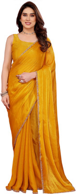 SHRUHAD Self Design, Embellished, Solid/Plain Bollywood Jimmy choo Saree(Yellow)