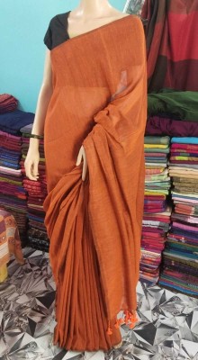 Sandhyatara Solid/Plain Handloom Cotton Blend Saree(Orange)