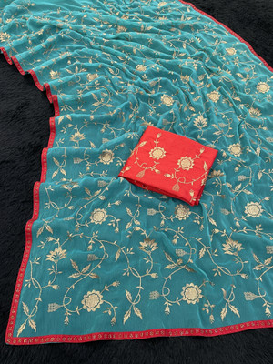 KHRITI FAB Embroidered Bollywood Silk Blend Saree(Light Blue)