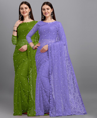 LOROFY Self Design Bollywood Net, Brasso Saree(Pack of 2, Multicolor)