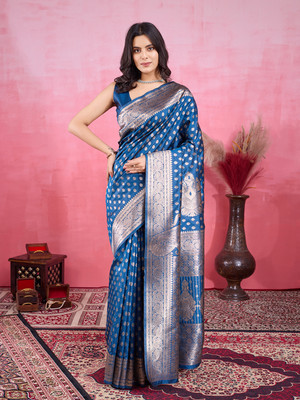 SIDDHESHWAR Self Design Assam Silk Lycra Blend Saree(Blue)