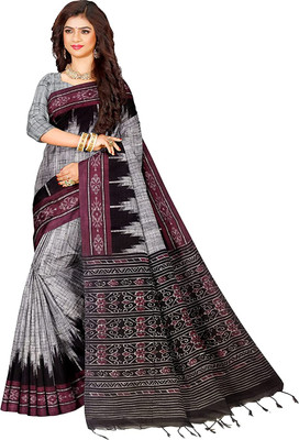 maadurga Printed Sambalpuri Cotton Blend Saree(Silver)