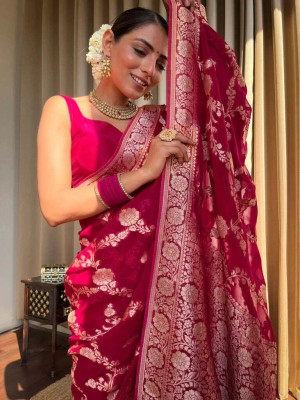 HEER FASHION Self Design Banarasi Pure Silk Saree(Pink)