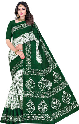 SARITA SAREES Printed Sambalpuri Pure Cotton Saree(Dark Green, White)